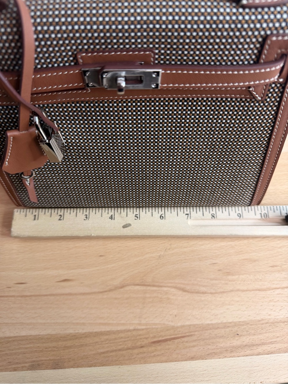 Rare H Kelly Sellier 25 check Toile Quadrille canvas Sesame Swift leather PHW - Picture 8 of 9